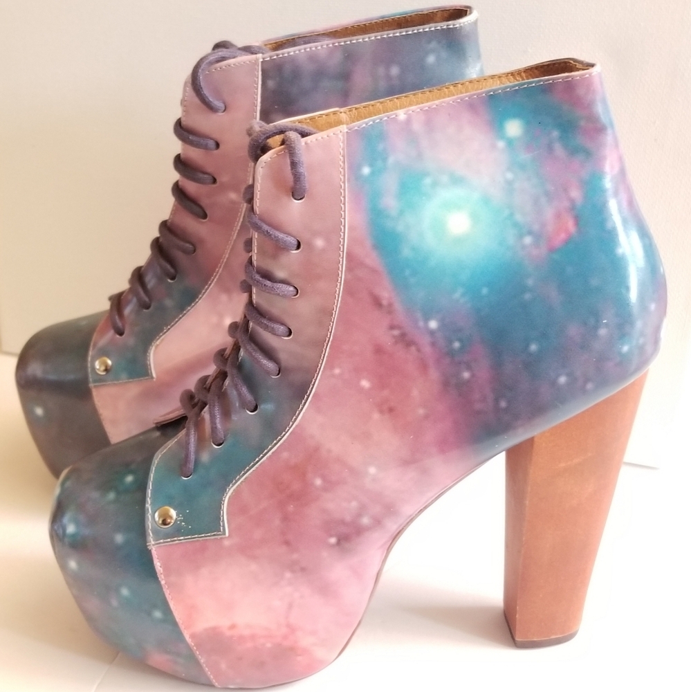 Jeffrey Campbell Pink and Teal Lita Galaxy High Heel Platform Boots Sz 5 1/2